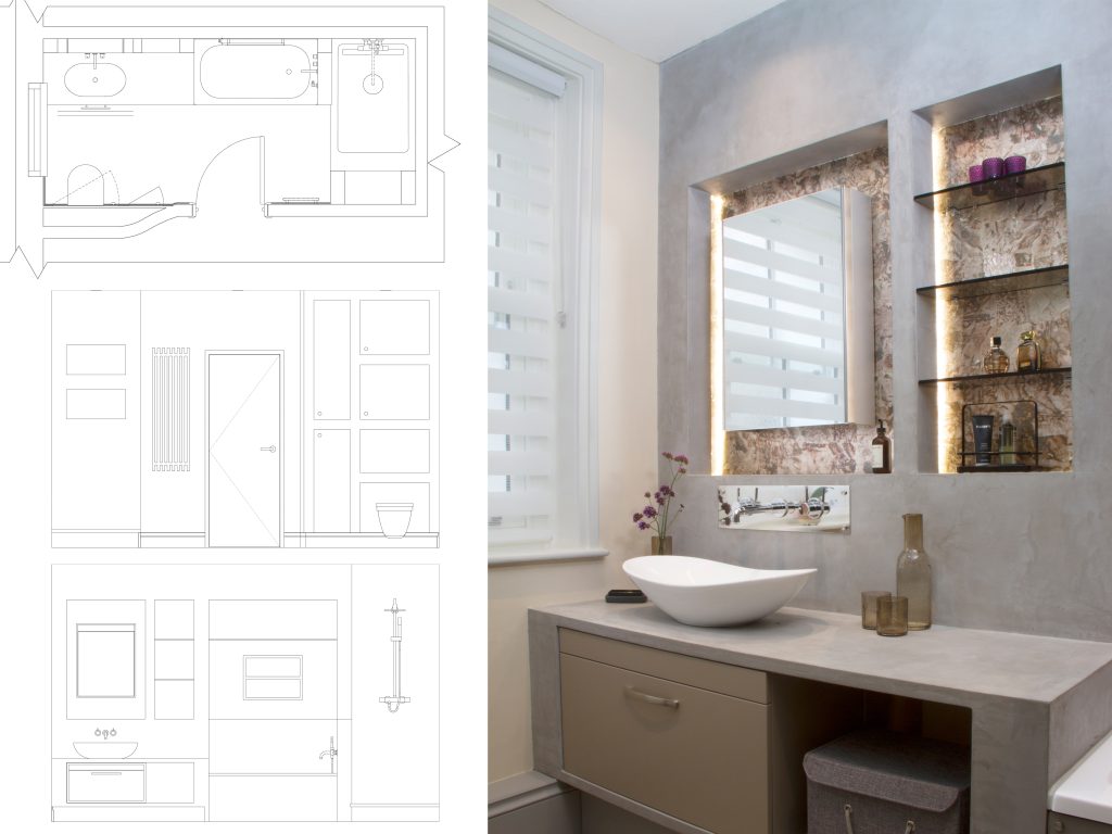 Two images of a bathroom displaying the floorplan and photo